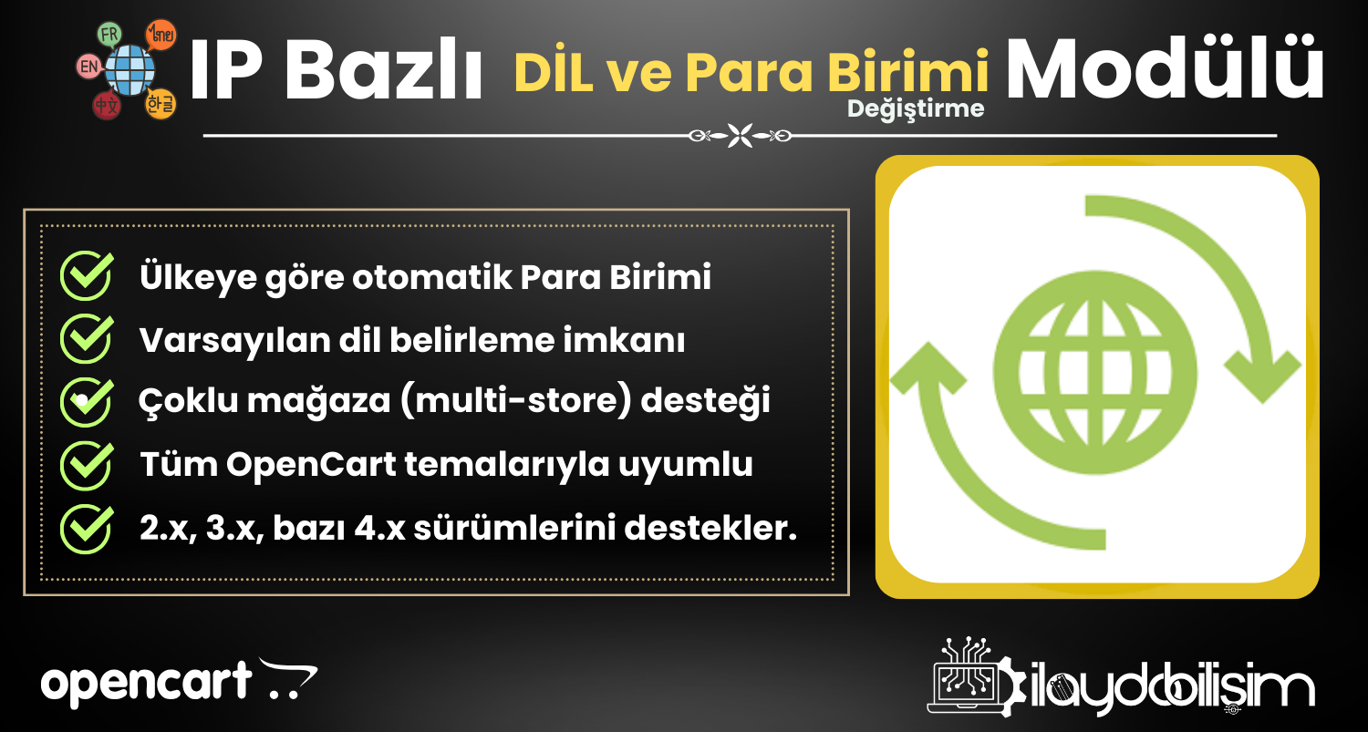 Opencart IP Bazlı Ülkeye Göre Otomatik Dil ve Para Birimi Modülü