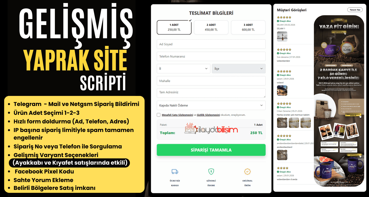 Profesyonel Tek Ürün Satış (Landing Page) Scripti - Full Fonksiyonel V2 (Yaprak Site)
